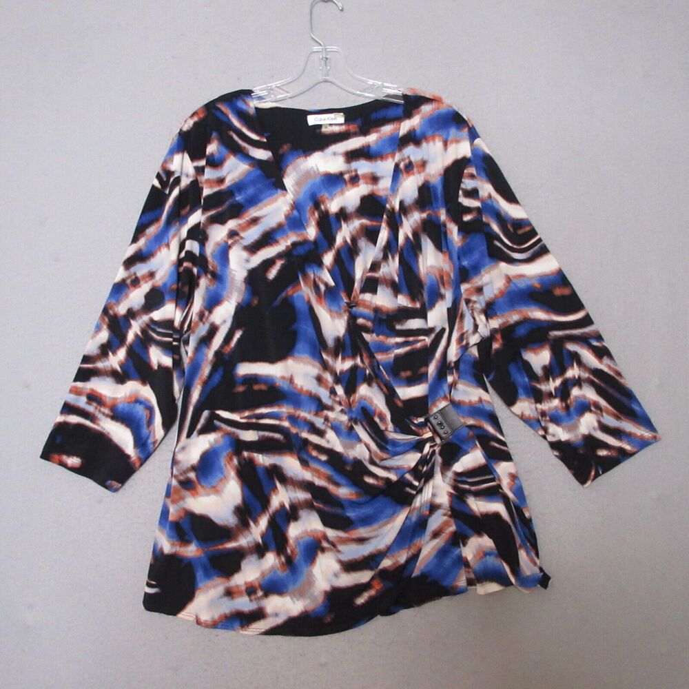 Calvin Klein Top Plus 2X Faux Wrap Abstract Print Buckle Party Career